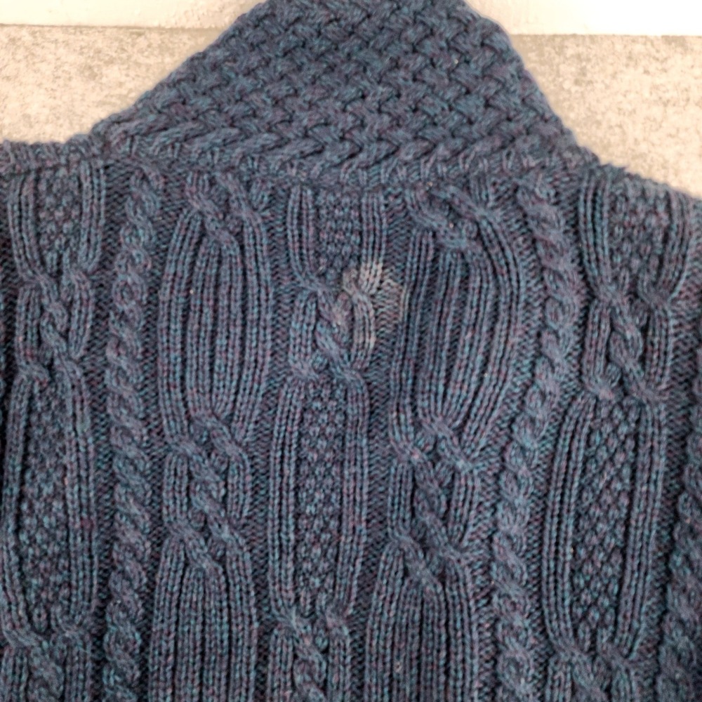 Aran Woollen Mills Small | Blue Merino Wool Cable Knit Full Zip Cardigan Sweater - Picture 4 of 7